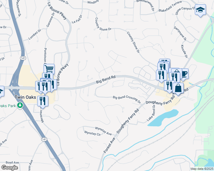 map of restaurants, bars, coffee shops, grocery stores, and more near 251 Arbor Place Lane in Valley Park
