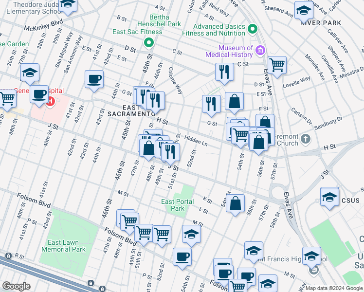 map of restaurants, bars, coffee shops, grocery stores, and more near 832 51st Street in Sacramento
