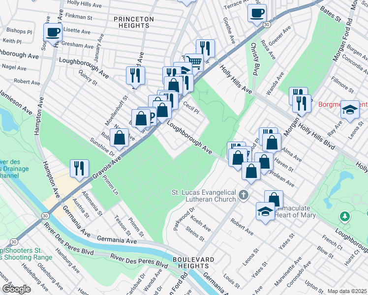 map of restaurants, bars, coffee shops, grocery stores, and more near 6928 Salzburger Avenue in St. Louis