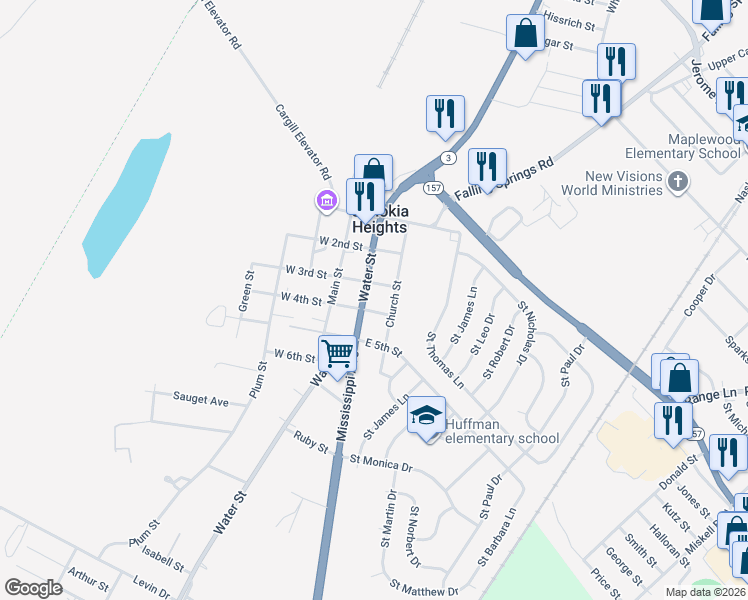 map of restaurants, bars, coffee shops, grocery stores, and more near 310 Water Street in East St. Louis