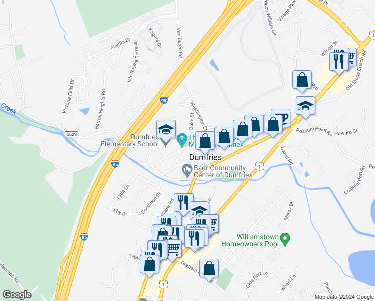 map of restaurants, bars, coffee shops, grocery stores, and more near 3925 Cameron Street in Dumfries