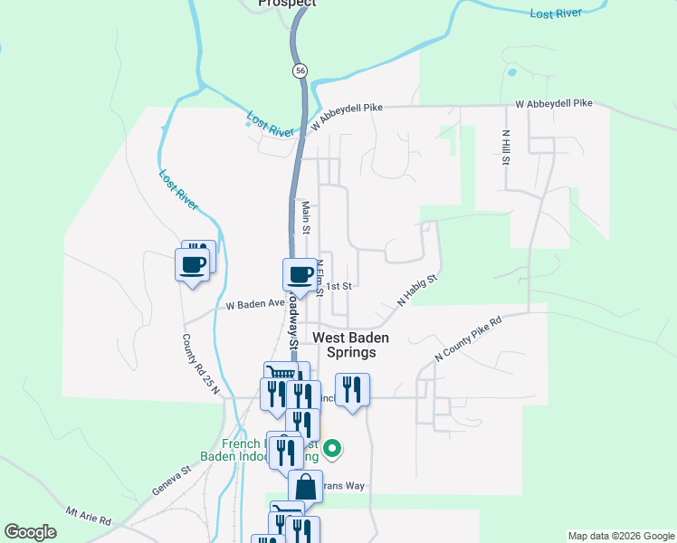 map of restaurants, bars, coffee shops, grocery stores, and more near 828 Rhodes Street in West Baden Springs
