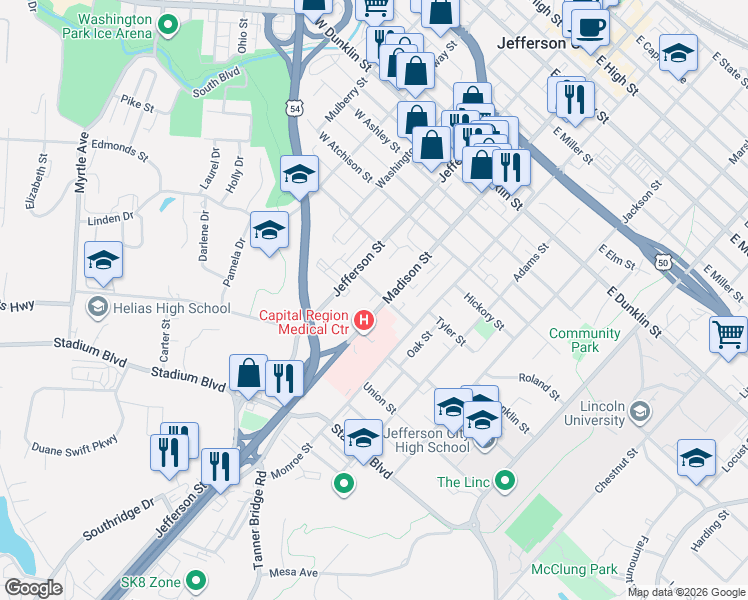 map of restaurants, bars, coffee shops, grocery stores, and more near 110 E Franklin St in Jefferson City