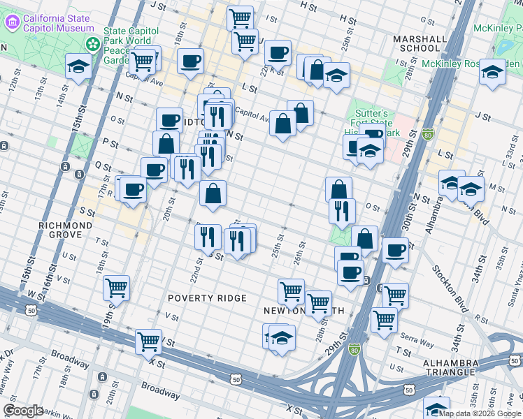 map of restaurants, bars, coffee shops, grocery stores, and more near 1617 24th Street in Sacramento