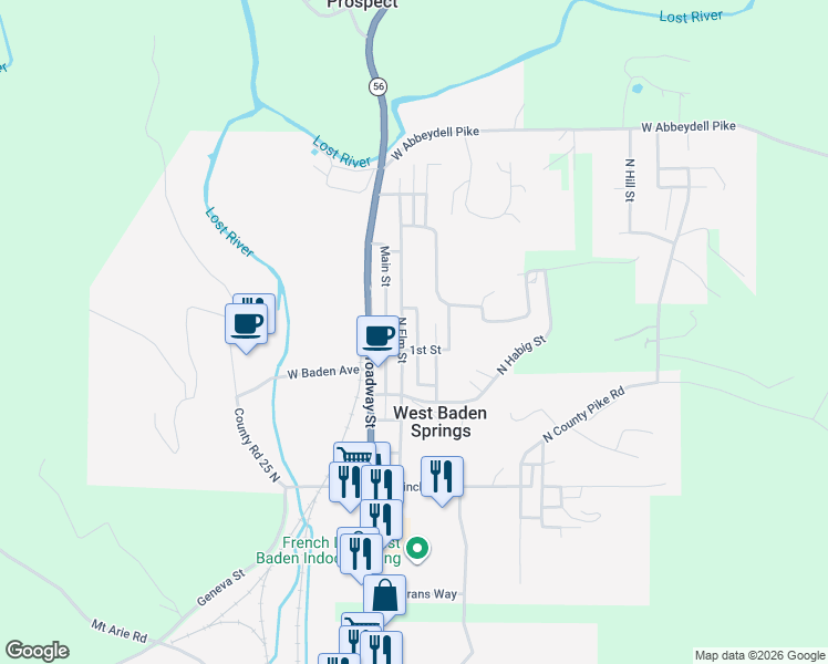 map of restaurants, bars, coffee shops, grocery stores, and more near 828 Rhodes Street in West Baden Springs