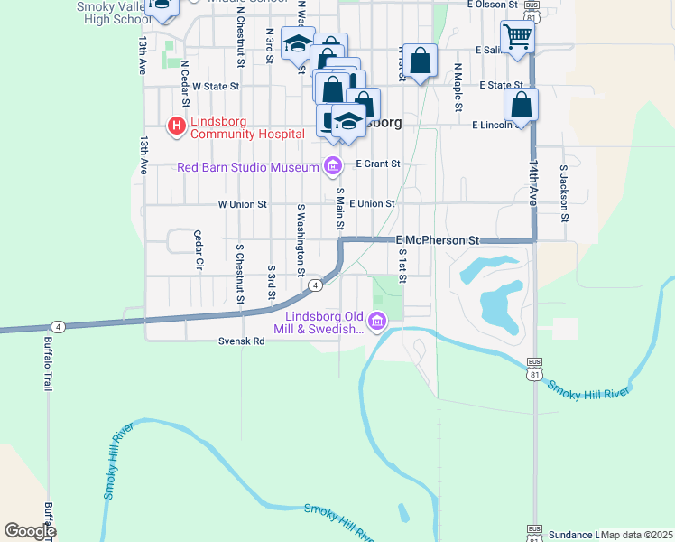 map of restaurants, bars, coffee shops, grocery stores, and more near KS-4 & S Main St in Lindsborg