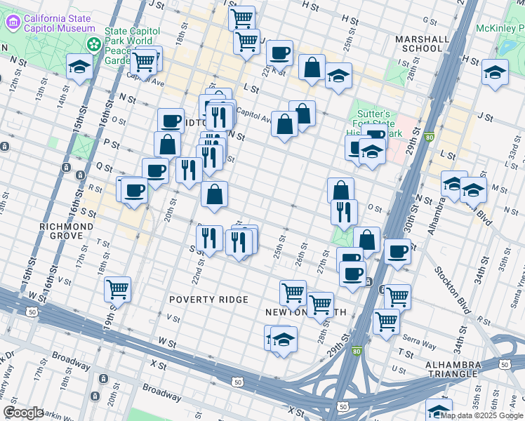 map of restaurants, bars, coffee shops, grocery stores, and more near 1617 24th Street in Sacramento