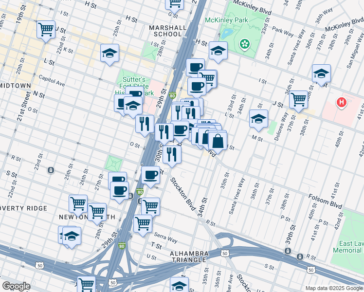map of restaurants, bars, coffee shops, grocery stores, and more near 1401 Alhambra Boulevard in Sacramento