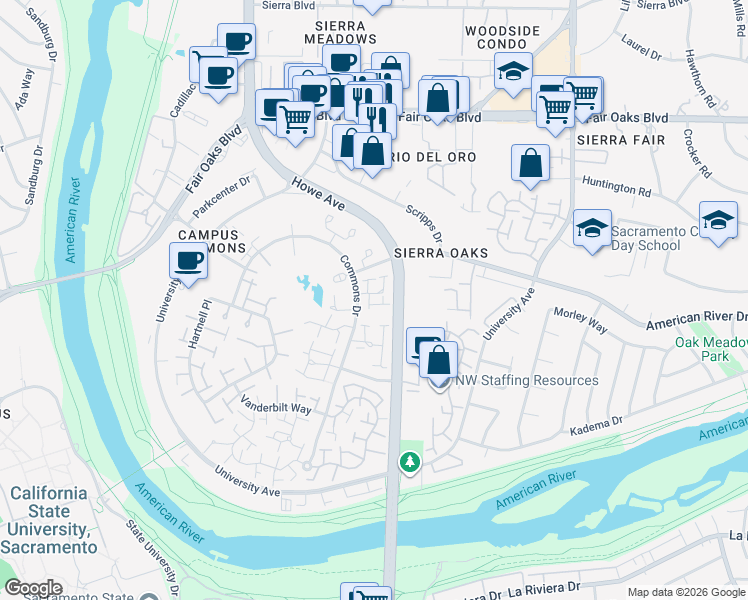 map of restaurants, bars, coffee shops, grocery stores, and more near 4 Colby Court in Sacramento