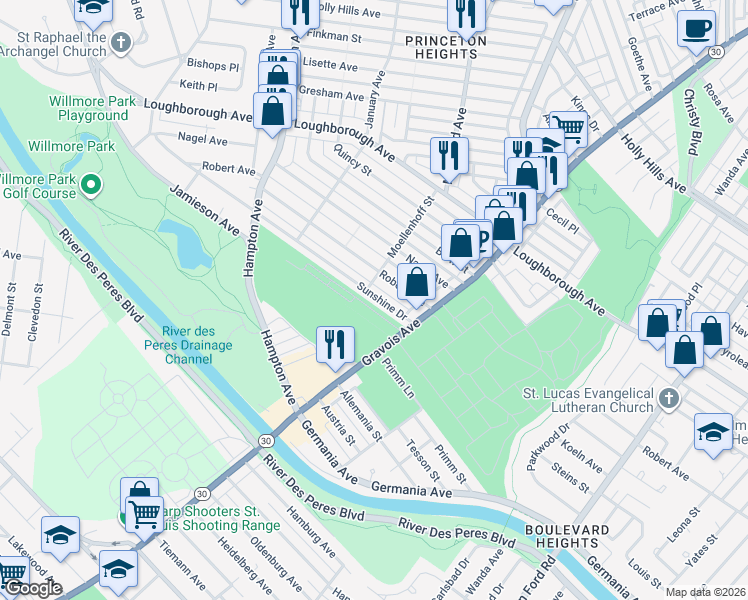 map of restaurants, bars, coffee shops, grocery stores, and more near 4952 Sunshine Drive in St. Louis