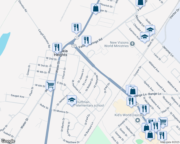 map of restaurants, bars, coffee shops, grocery stores, and more near 104 Saint Leo Drive in Cahokia