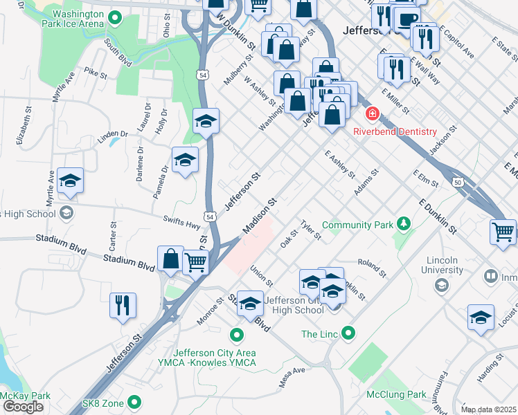 map of restaurants, bars, coffee shops, grocery stores, and more near 110 East Franklin Street in Jefferson City