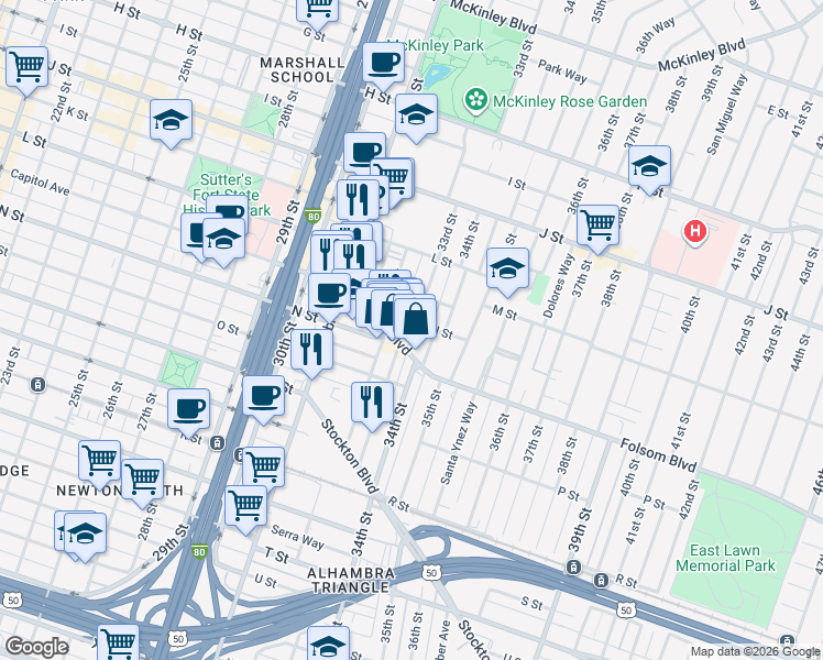 map of restaurants, bars, coffee shops, grocery stores, and more near 1430 33rd Street in Sacramento