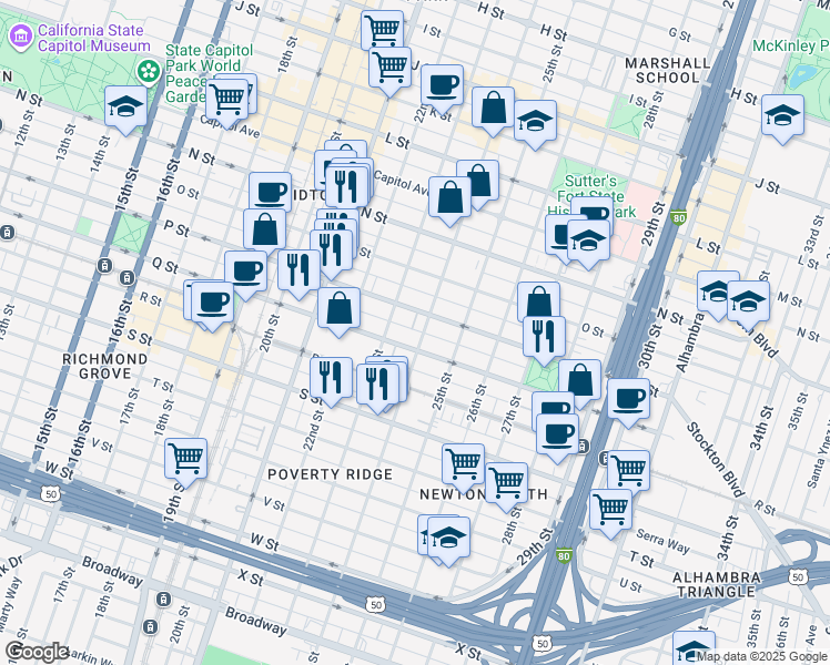 map of restaurants, bars, coffee shops, grocery stores, and more near 1617 24th Street in Sacramento