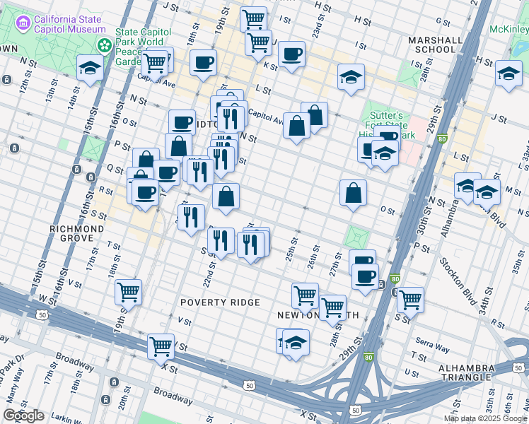 map of restaurants, bars, coffee shops, grocery stores, and more near 2301 Q Street in Sacramento