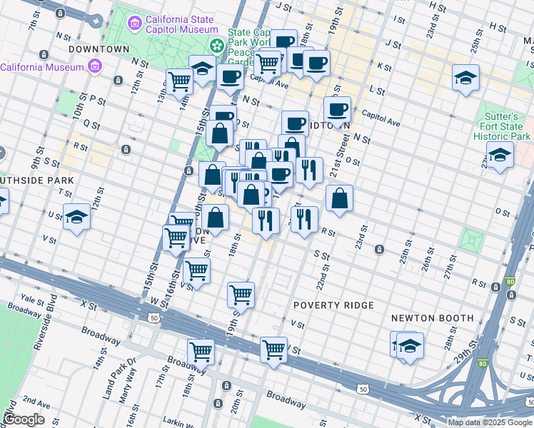 map of restaurants, bars, coffee shops, grocery stores, and more near 1809 19th Street in Sacramento