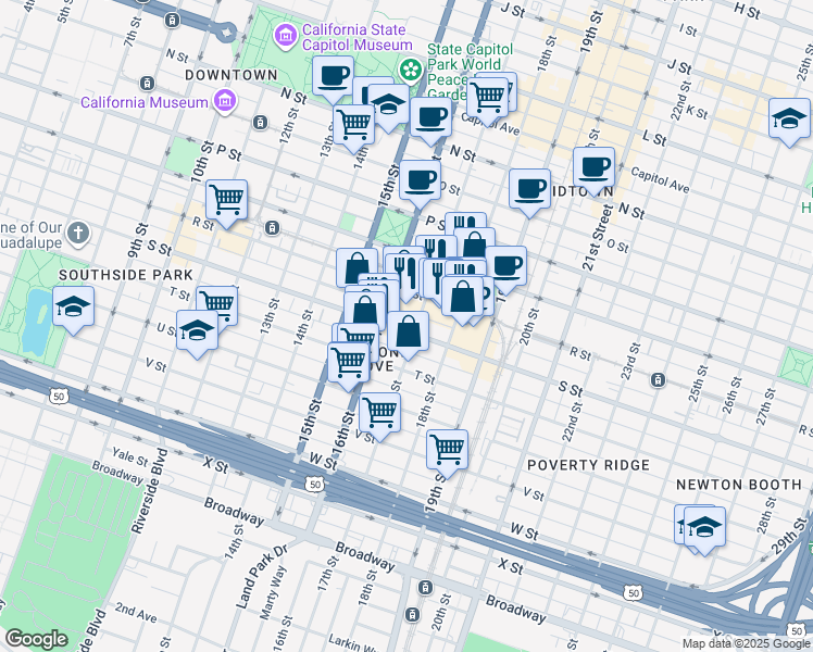map of restaurants, bars, coffee shops, grocery stores, and more near 1829 17th Street in Sacramento