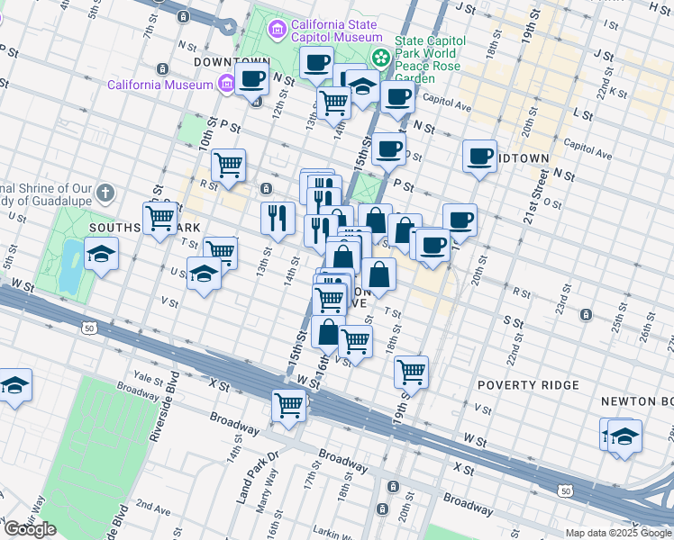 map of restaurants, bars, coffee shops, grocery stores, and more near 1917 15th Street in Sacramento