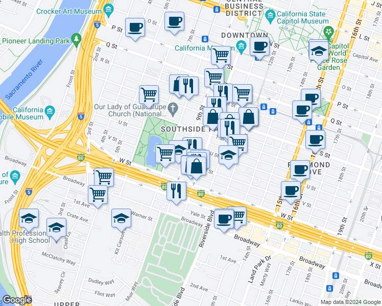 map of restaurants, bars, coffee shops, grocery stores, and more near 2115 9th Street in Sacramento