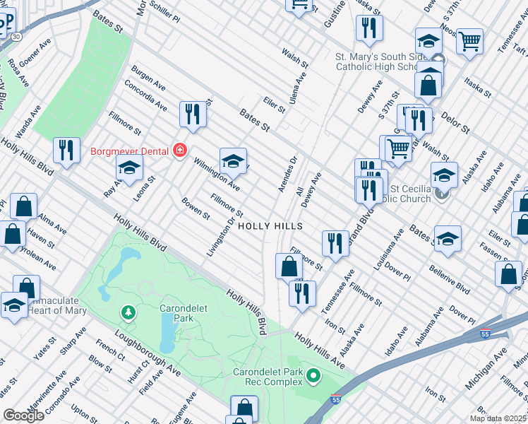 map of restaurants, bars, coffee shops, grocery stores, and more near 3800 Wilmington Avenue in St. Louis