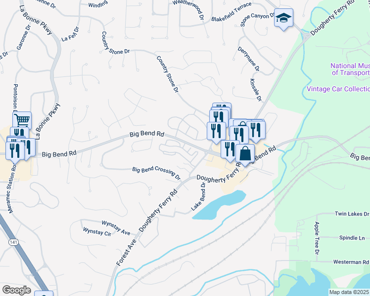 map of restaurants, bars, coffee shops, grocery stores, and more near 366 Autumn Creek Drive in Valley Park