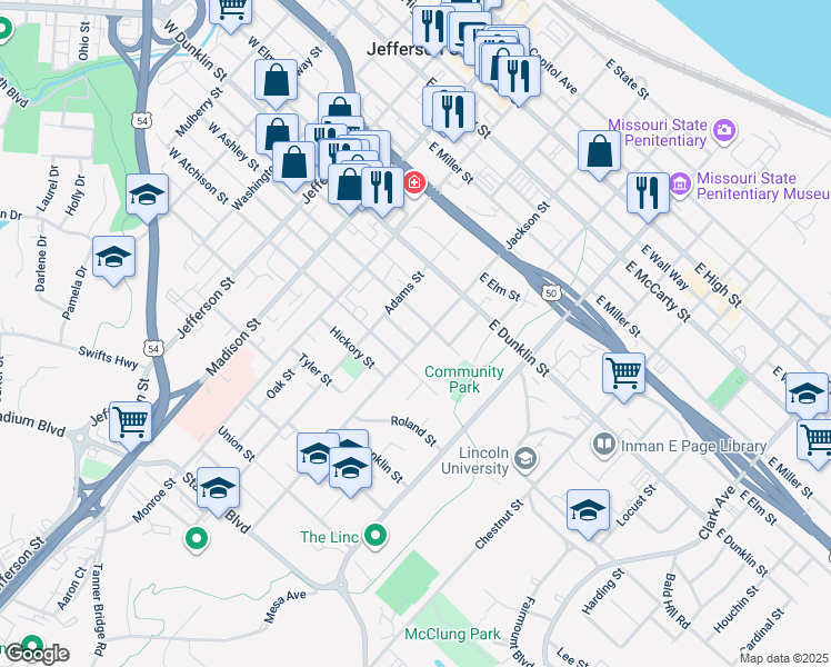map of restaurants, bars, coffee shops, grocery stores, and more near 418 East Ashley Street in Jefferson City