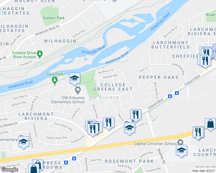 map of restaurants, bars, coffee shops, grocery stores, and more near 2625 Argolis Way in Sacramento