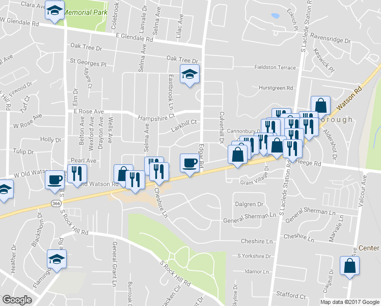 map of restaurants, bars, coffee shops, grocery stores, and more near 10 Girard Drive in Webster Groves
