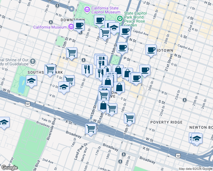 map of restaurants, bars, coffee shops, grocery stores, and more near 1917 15th Street in Sacramento