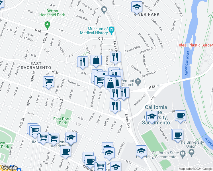 map of restaurants, bars, coffee shops, grocery stores, and more near 680 55th Street in Sacramento