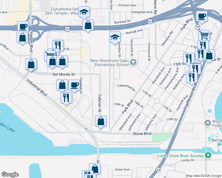 map of restaurants, bars, coffee shops, grocery stores, and more near 1714 Deerwood Street in West Sacramento