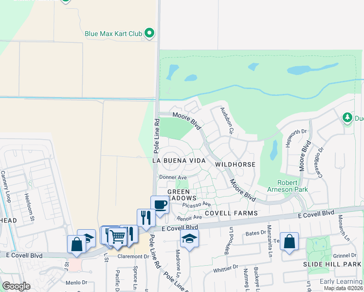 map of restaurants, bars, coffee shops, grocery stores, and more near 2818 Bidwell Street in Davis