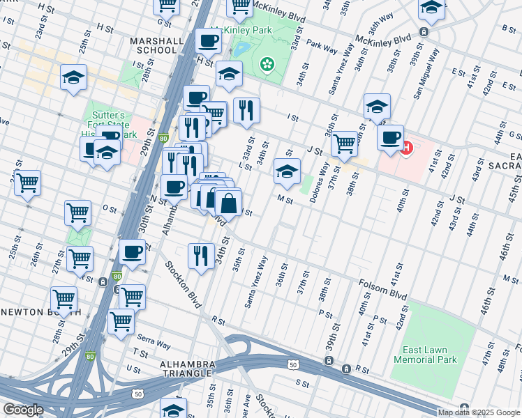 map of restaurants, bars, coffee shops, grocery stores, and more near 1341 34th Street in Sacramento