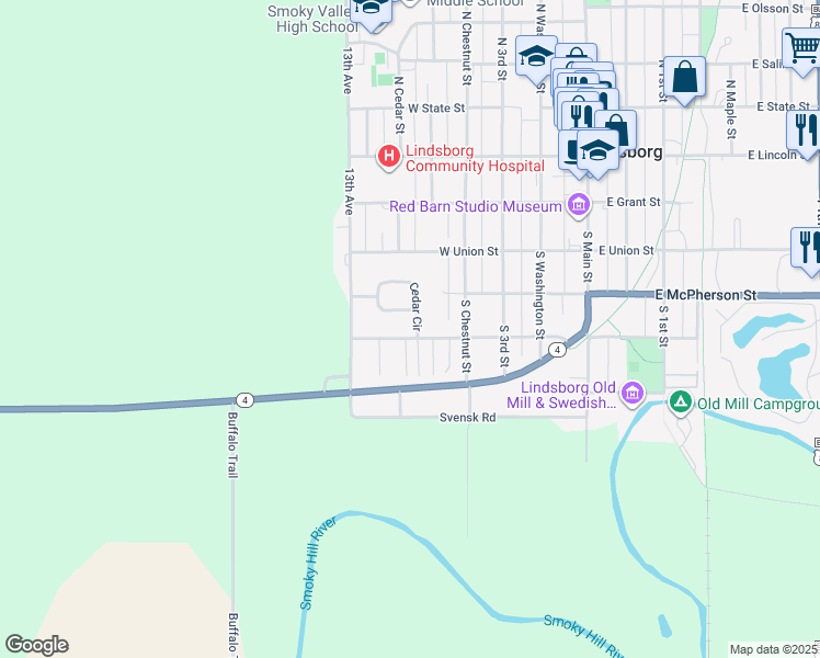 map of restaurants, bars, coffee shops, grocery stores, and more near 420 Cedar Circle in Lindsborg