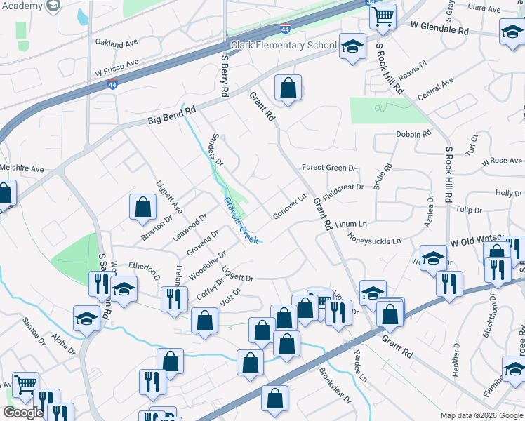 map of restaurants, bars, coffee shops, grocery stores, and more near 664 Clover Lane in St. Louis