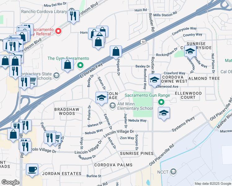 map of restaurants, bars, coffee shops, grocery stores, and more near 9952 Vanguard Drive in Sacramento