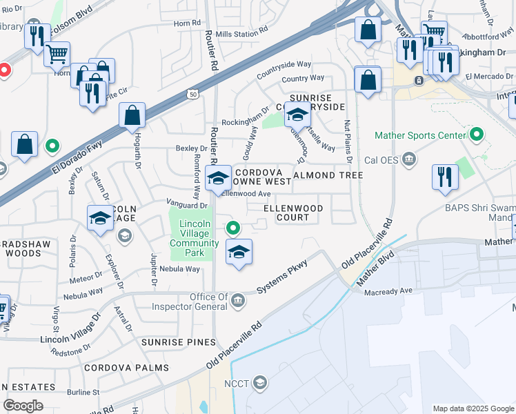 map of restaurants, bars, coffee shops, grocery stores, and more near 10136 Ellenwood Avenue in Sacramento