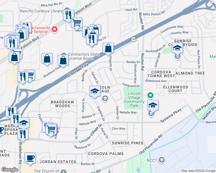 map of restaurants, bars, coffee shops, grocery stores, and more near 9952 Vanguard Drive in Sacramento