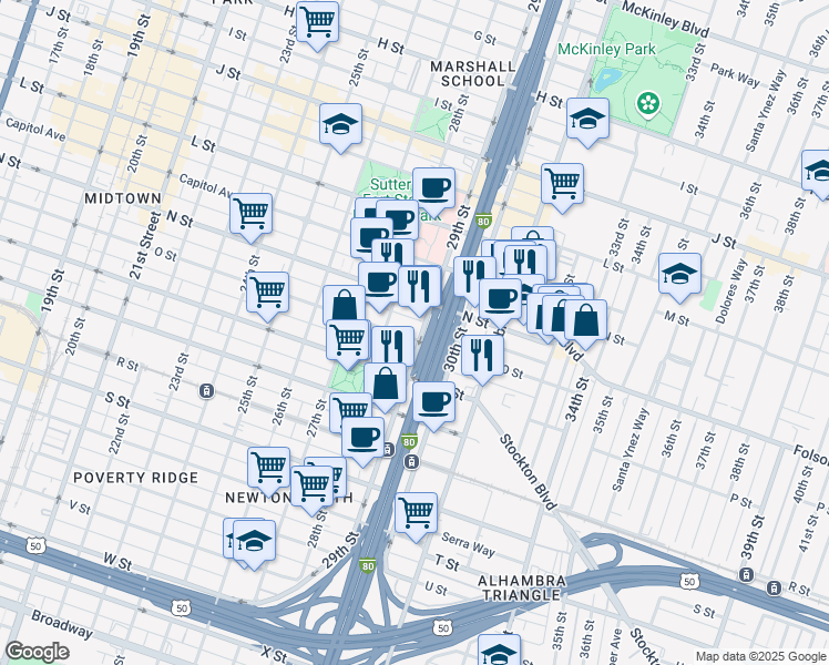 map of restaurants, bars, coffee shops, grocery stores, and more near 2827 O Street in Sacramento