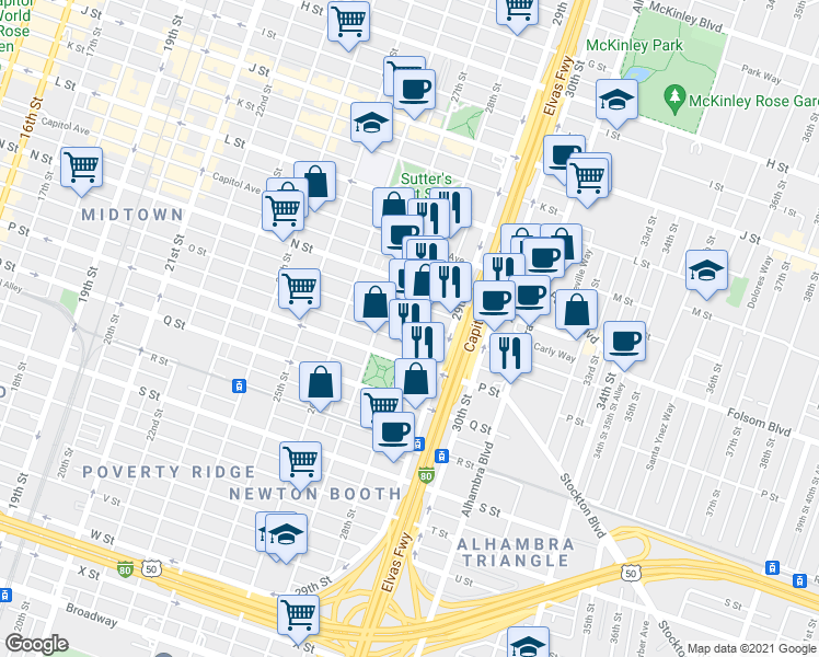 map of restaurants, bars, coffee shops, grocery stores, and more near 1501 28th Street in Sacramento