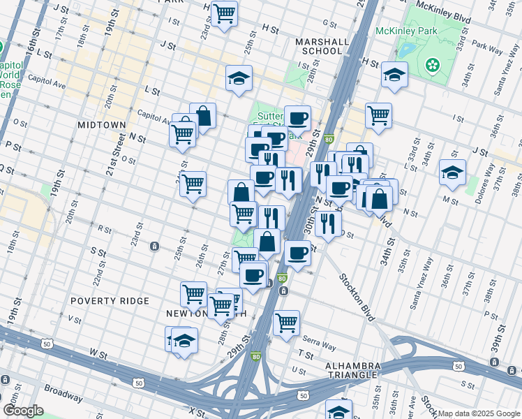 map of restaurants, bars, coffee shops, grocery stores, and more near 1501 28th Street in Sacramento
