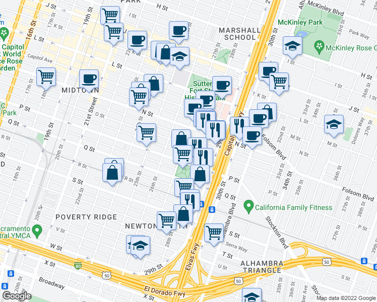 map of restaurants, bars, coffee shops, grocery stores, and more near 1517 27th Street in Sacramento
