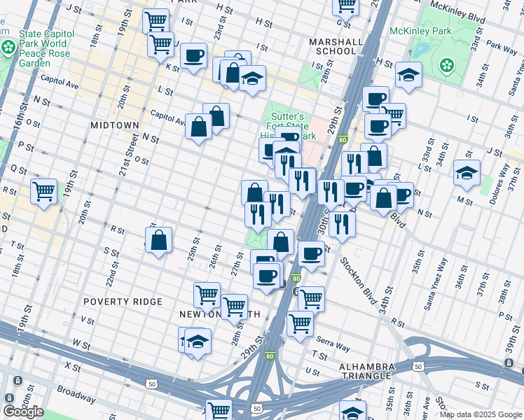 map of restaurants, bars, coffee shops, grocery stores, and more near 1517 27th Street in Sacramento