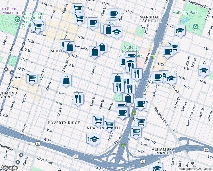 map of restaurants, bars, coffee shops, grocery stores, and more near 1531 26th Street in Sacramento