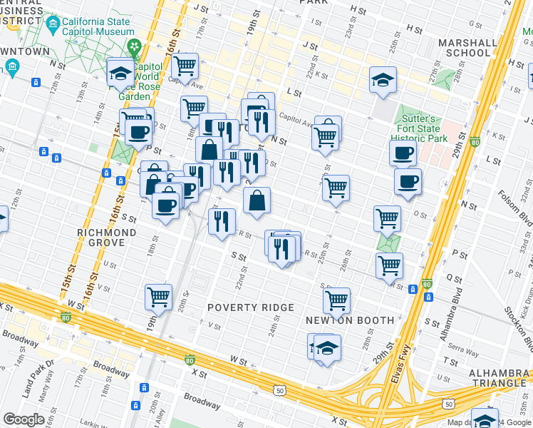 map of restaurants, bars, coffee shops, grocery stores, and more near 2100 Q Street in Sacramento