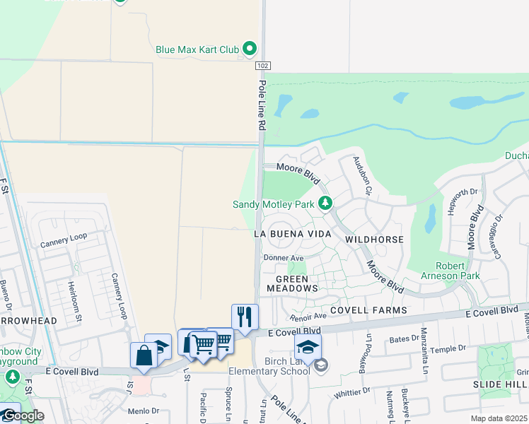 map of restaurants, bars, coffee shops, grocery stores, and more near 2900 Pole Line Road in Davis
