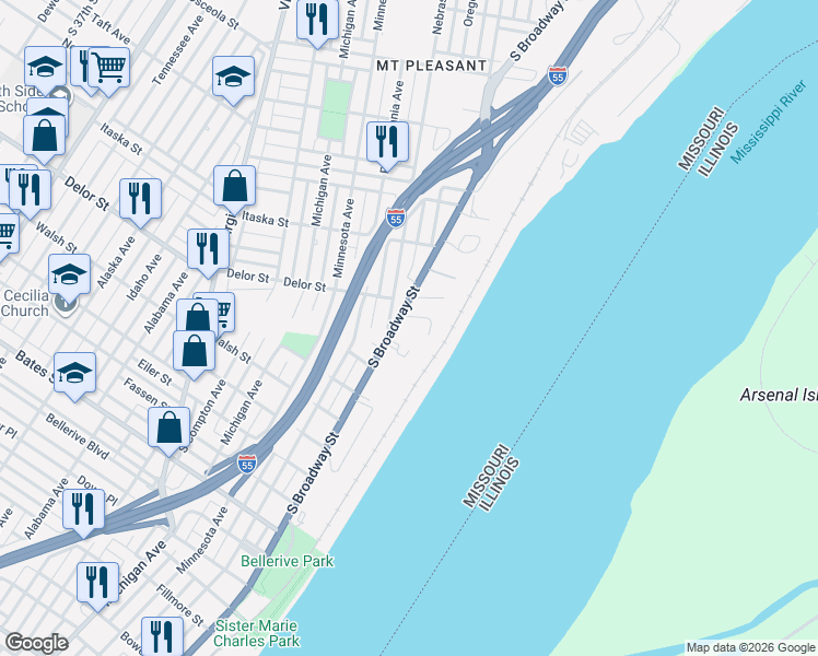 map of restaurants, bars, coffee shops, grocery stores, and more near 4844 South Broadway in St. Louis