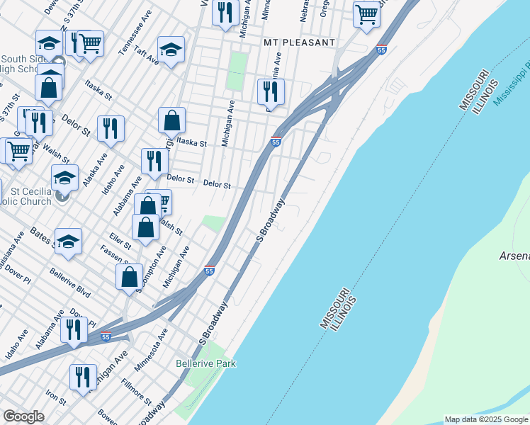 map of restaurants, bars, coffee shops, grocery stores, and more near 4840A Pennsylvania Avenue in St. Louis