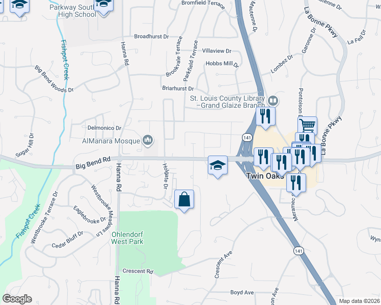 map of restaurants, bars, coffee shops, grocery stores, and more near 1183 Big Bend Road in Ballwin