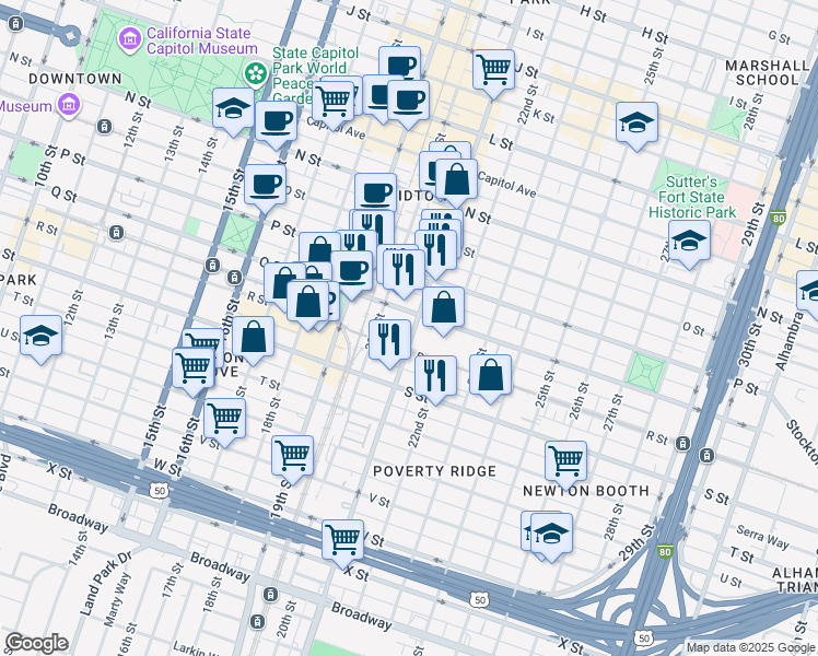 map of restaurants, bars, coffee shops, grocery stores, and more near 1720 21st Street in Sacramento